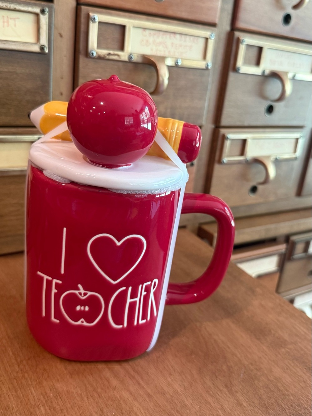 Rae Dunn Red Teacher Mug with White Lettering and Apple Lid